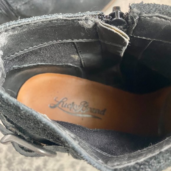 Lucky Brand Black Suede Leather Buckle Ankle Boots Stacked Heel - Picture 6 of 7